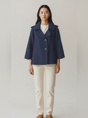 Kate Spade blue button front dark academic preppy short trench coat jacket 6
